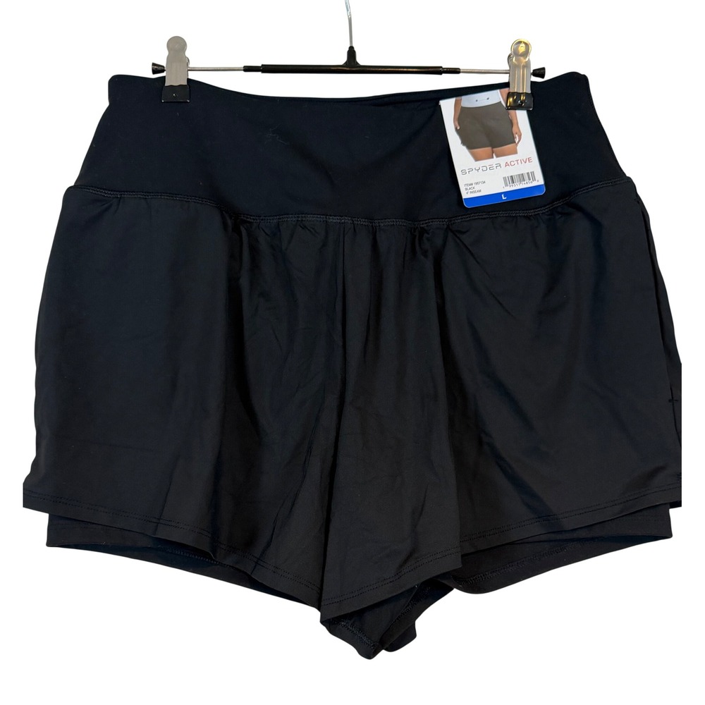Spyder Active Black 2-in-1 Running Shorts Womens •L• Athleisure Performance Yoga
